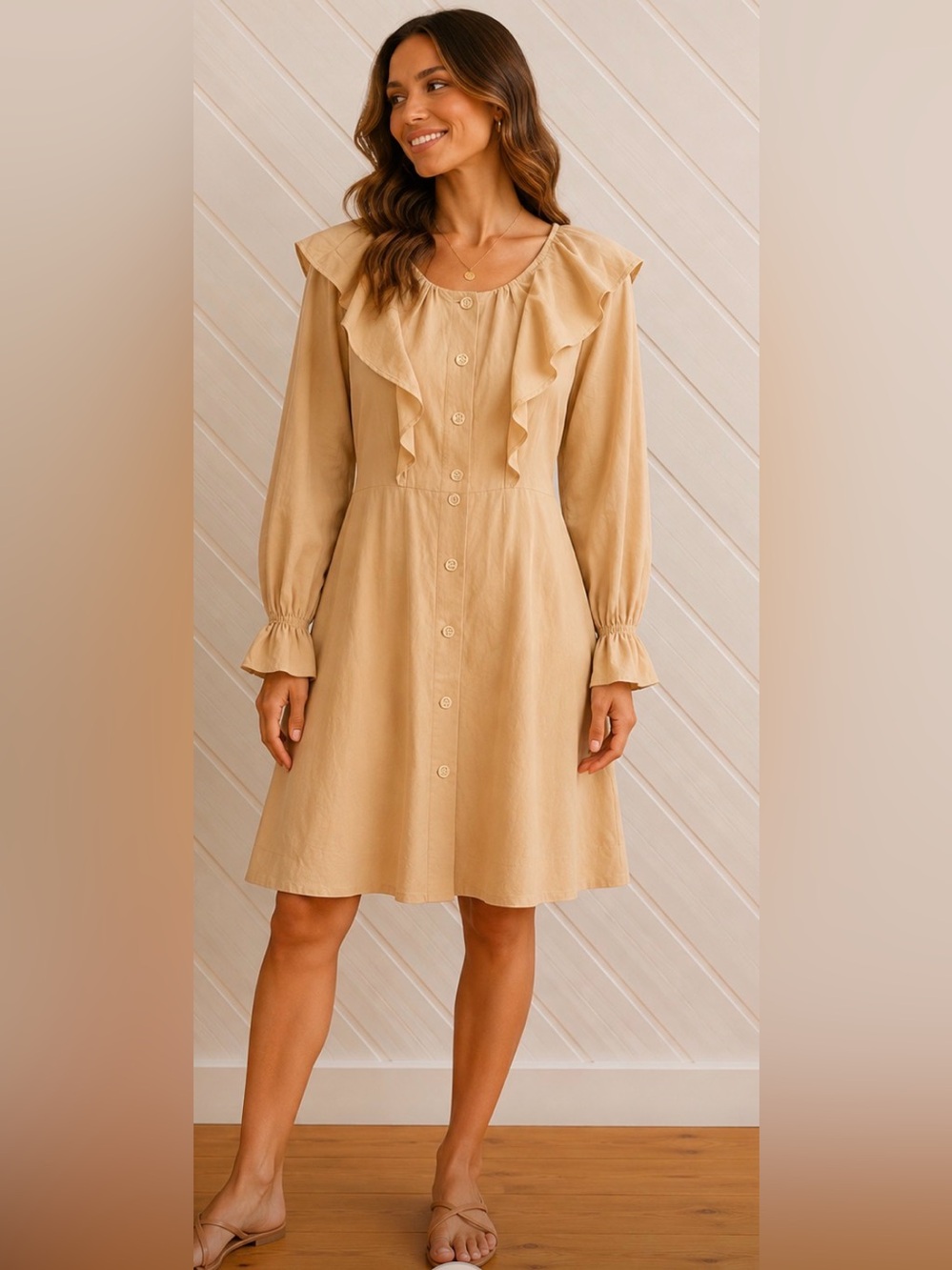 SANDRO Long-Sleeve Ruffle Button Dress Linen/Viscose Blend with Tie Waist